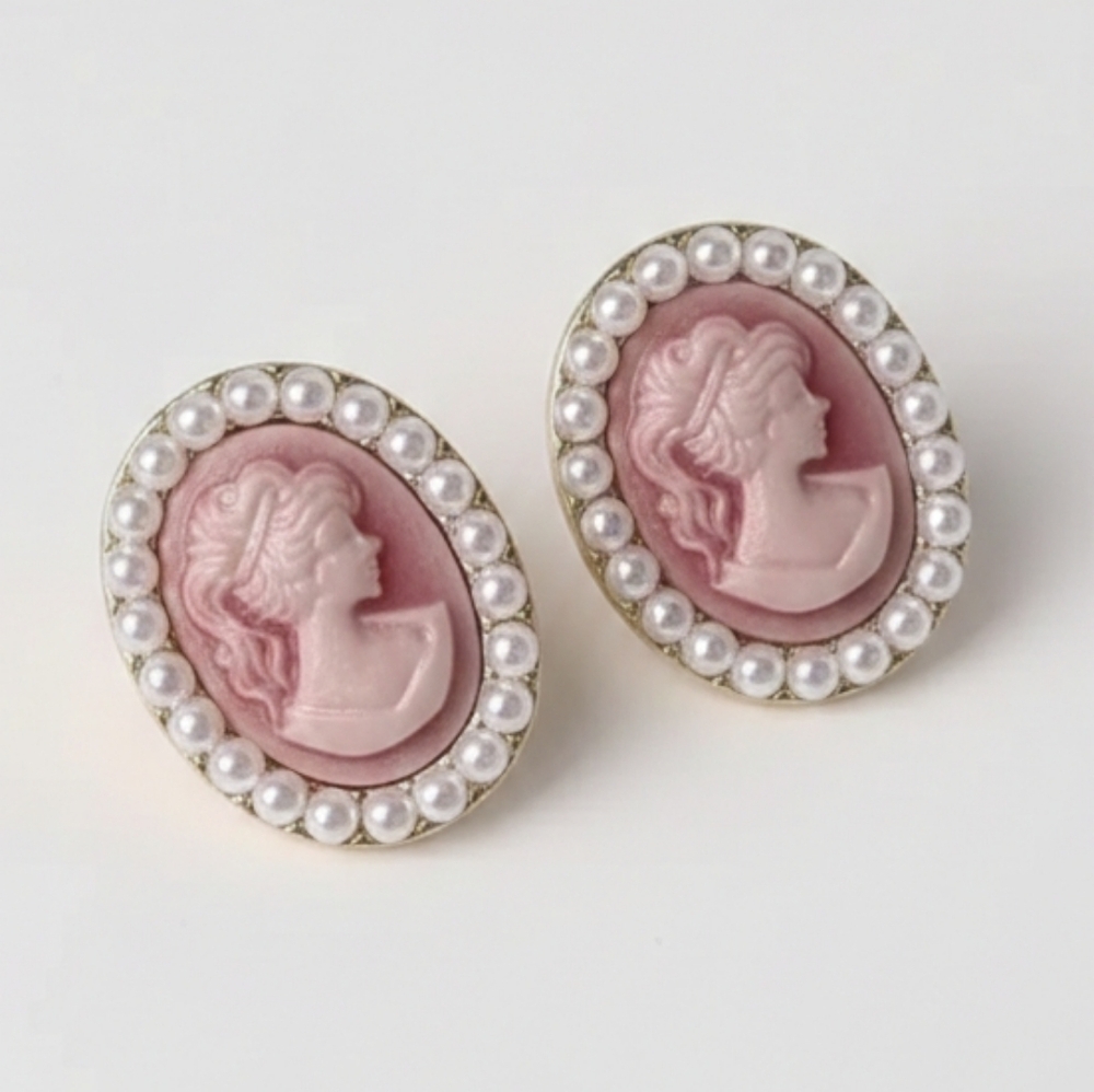 Elegant Pink Cameo Earrings with Pearl Accents